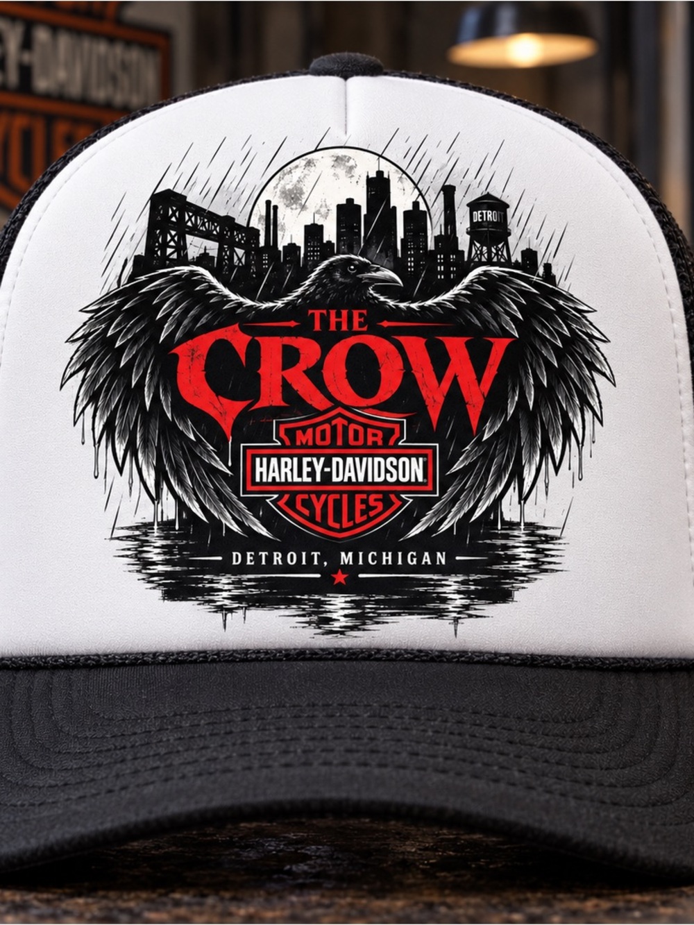Harley-Davidson The Crow Logo Trucker Hat - Black & White with Red Accents